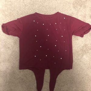 Short sleeve purple tie crop top with pearls